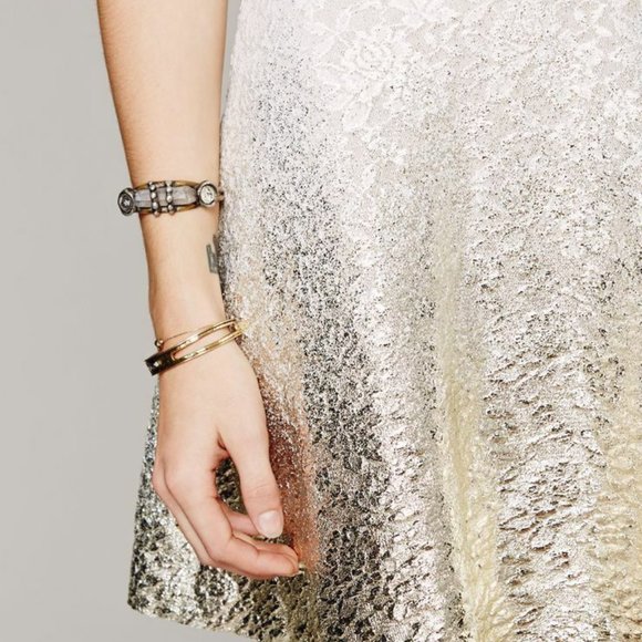 NWT Free People Fit & Flare Mini Dress Ivory Gold Foil Ombre  Lace Boho.  SZ S - Picture 7 of 8